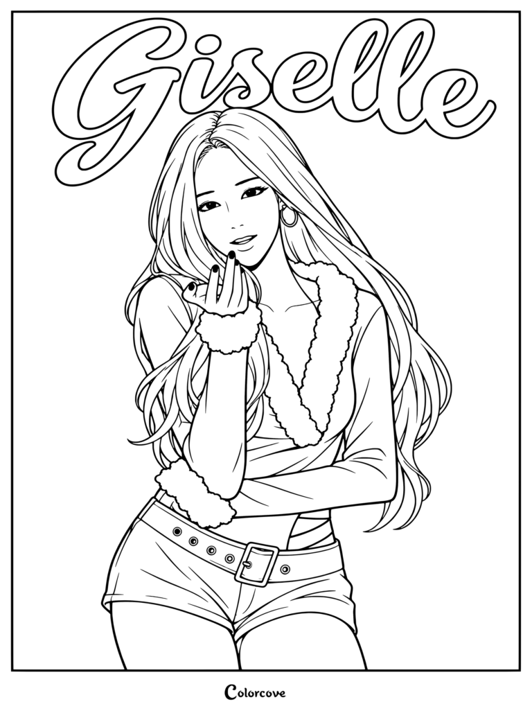 Página para colorear de Giselle del grupo femenino de K-pop aespa con cabello largo lanzando un beso