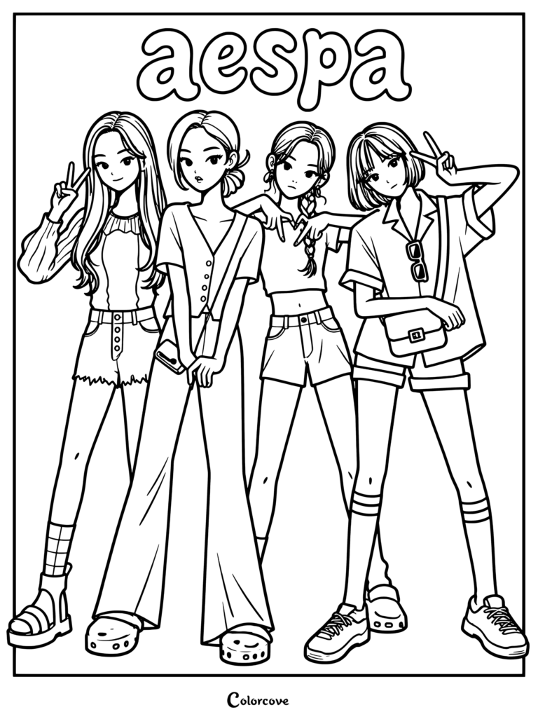 Una página para colorear e imprimir del grupo femenino de K-pop aespa, con las cuatro integrantes Karina, Giselle, Winter y Ningning con lindos atuendos informales estilo dibujo animado.
