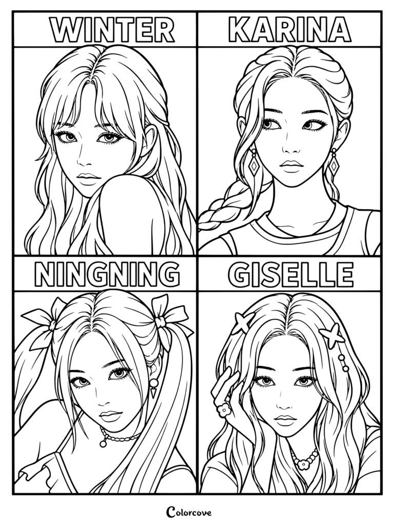 Una página para colorear de collage de fan art digital del grupo de K-pop aespa, con retratos de las integrantes Winter, Karina, Ningning y Giselle etiquetadas en cada cuadrante.