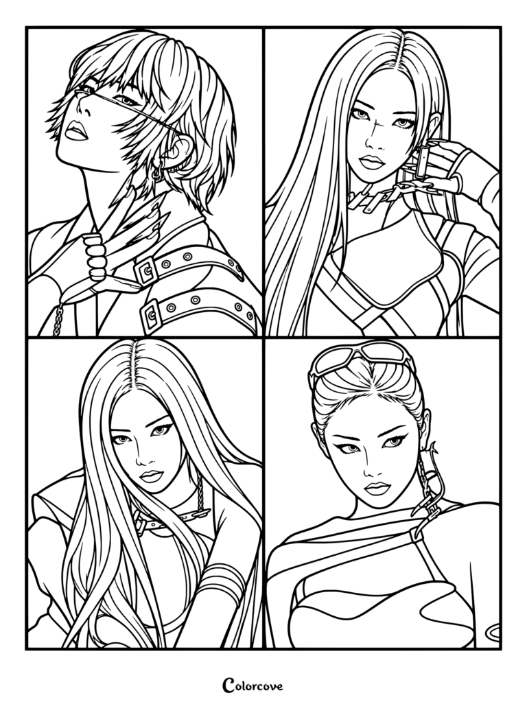 Página para colorear de collage de fan art digital del grupo de K-pop aespa, con retratos de las integrantes Winter, Karina, Ningning y Giselle.