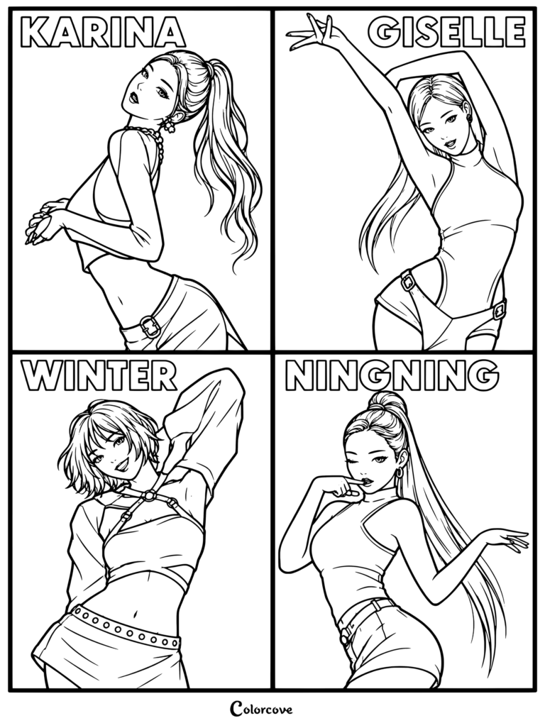 Página para colorear con una ilustración de fan art digital que muestra a las cuatro integrantes del grupo de K-pop aespa (Karina, Giselle, Winter y Ningning).