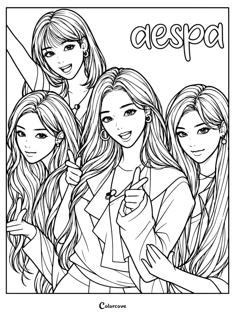 Ilustración de fan art digital para colorear del grupo femenino de K-pop aespa con las cuatro integrantes sonriendo y posando juntas.