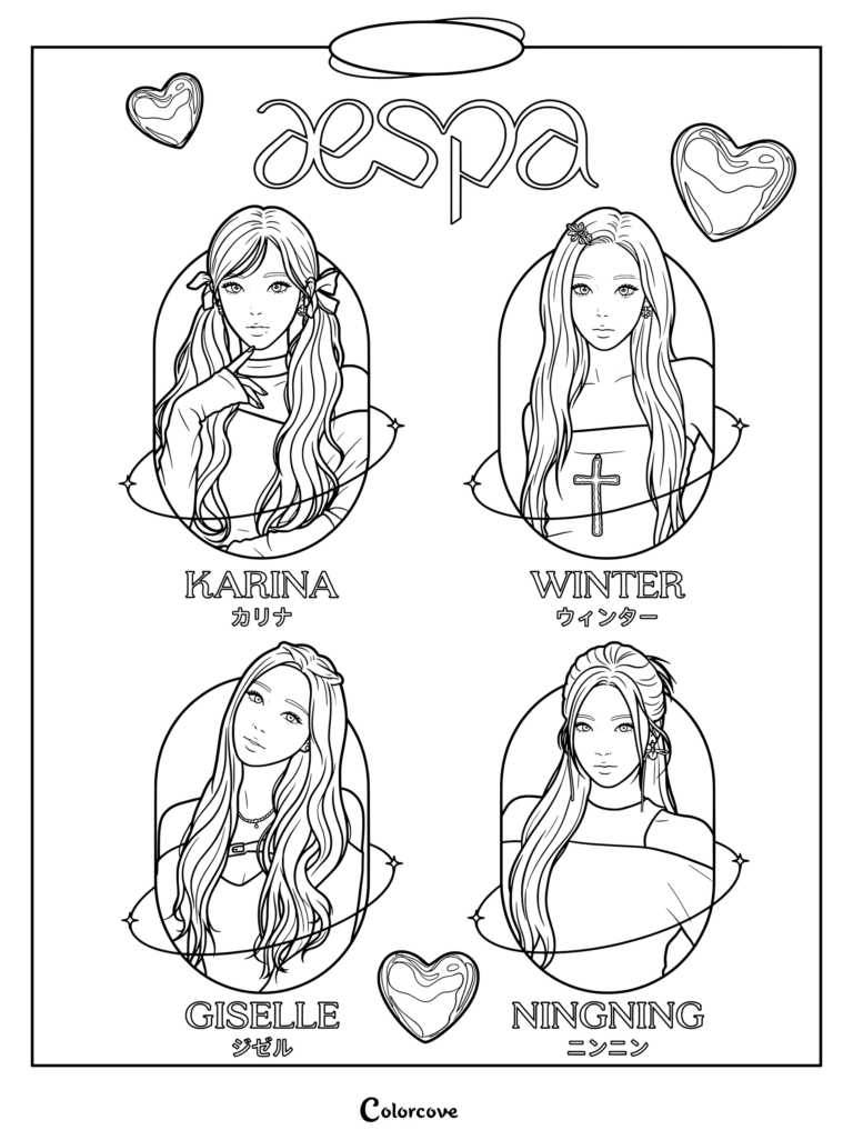 Página para colorear de fan art digital de las cuatro integrantes del grupo femenino surcoreano aespa: Karina, Winter, Giselle y Ningning, diseñadas con corazones plateados flotantes y detalles metálicos.