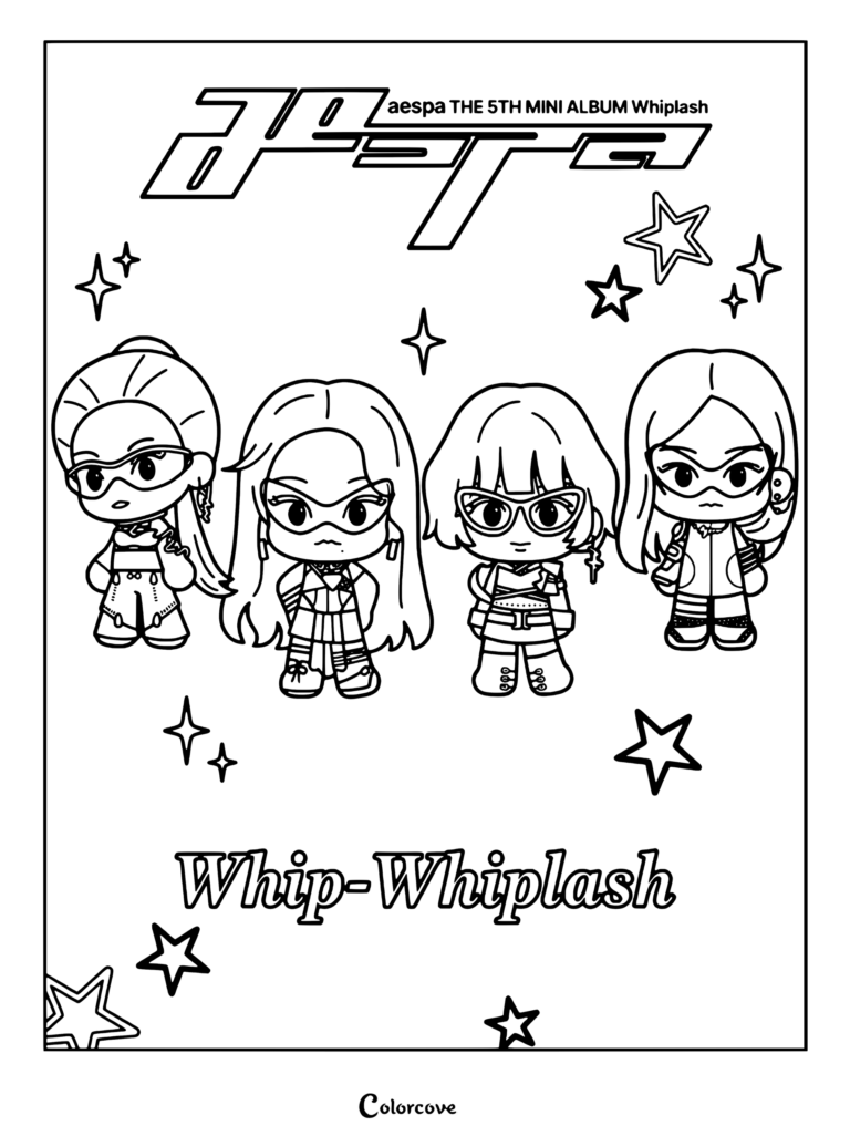 Ilustraciones de personajes estilo chibi del grupo femenino surcoreano aespa inspiradas en su quinto mini álbum Whiplash para colorear