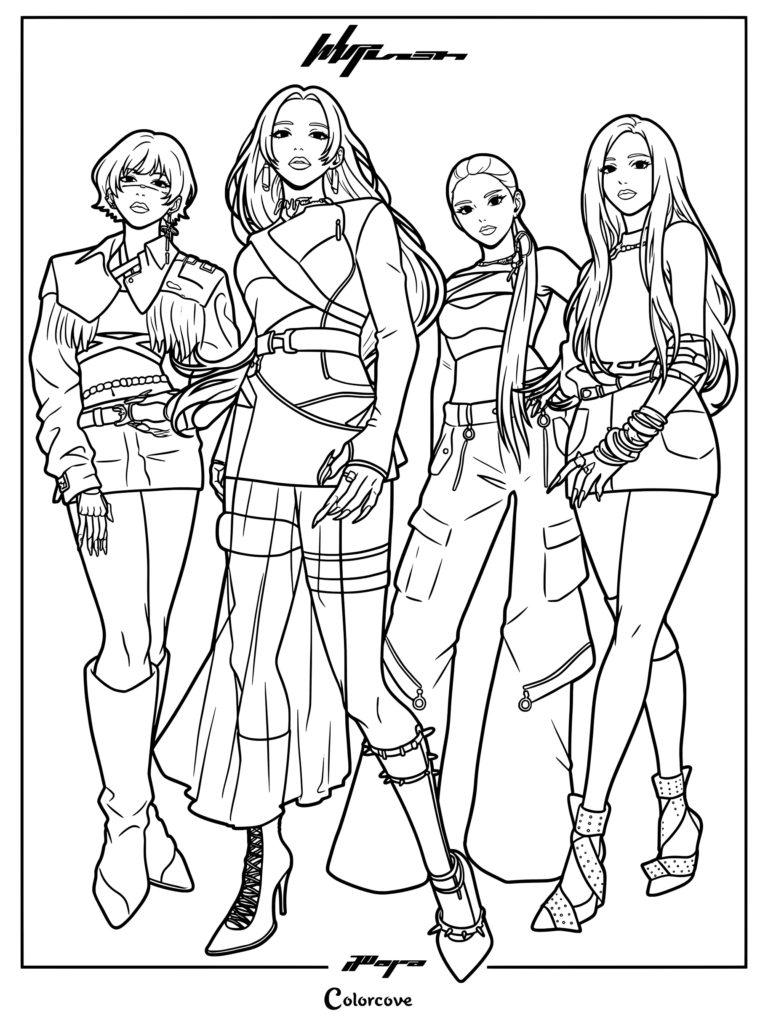 Página para colorear e imprimir del grupo de K-pop aespa con Karina, Giselle, Winter y Ningning con atrevidos atuendos en negro y plateado de su era Whiplash.