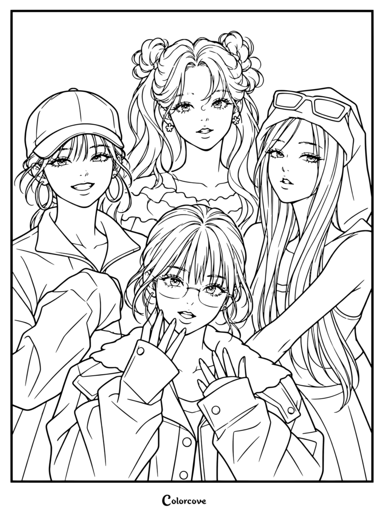 Página para colorear de fan art de K-pop del grupo aespa que muestra a las cuatro integrantes con vestidos elegantes.