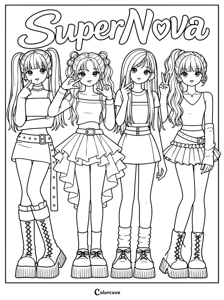Página para colorear gratis de Supernova de aespa con el grupo femenino de K-pop luciendo atuendos inspirados en su canción.