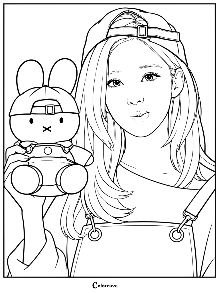 Página para colorear e imprimir de Winter de aespa mostrándola sosteniendo un peluche de conejo Miffy a juego