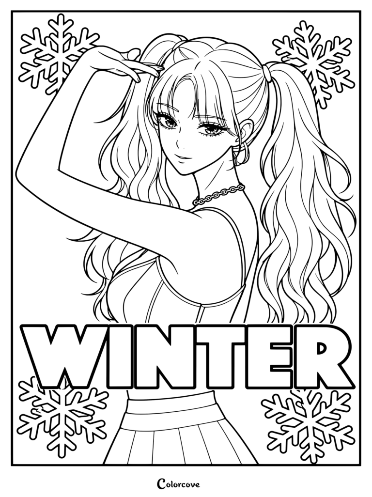 Página para colorear de Winter con la integrante de aespa peinada con coletas y copos de nieve.