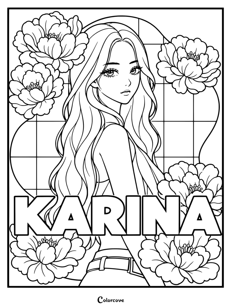 Una página para colorear detallada de Karina de aespa rodeada de flores de peonía y un fondo en cuadrícula.