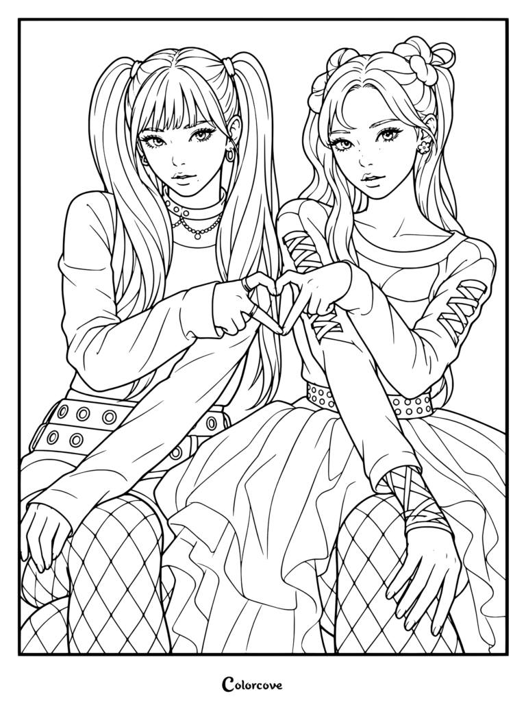 Página para colorear de Karina y Winter de aespa haciendo un corazón con las manos.