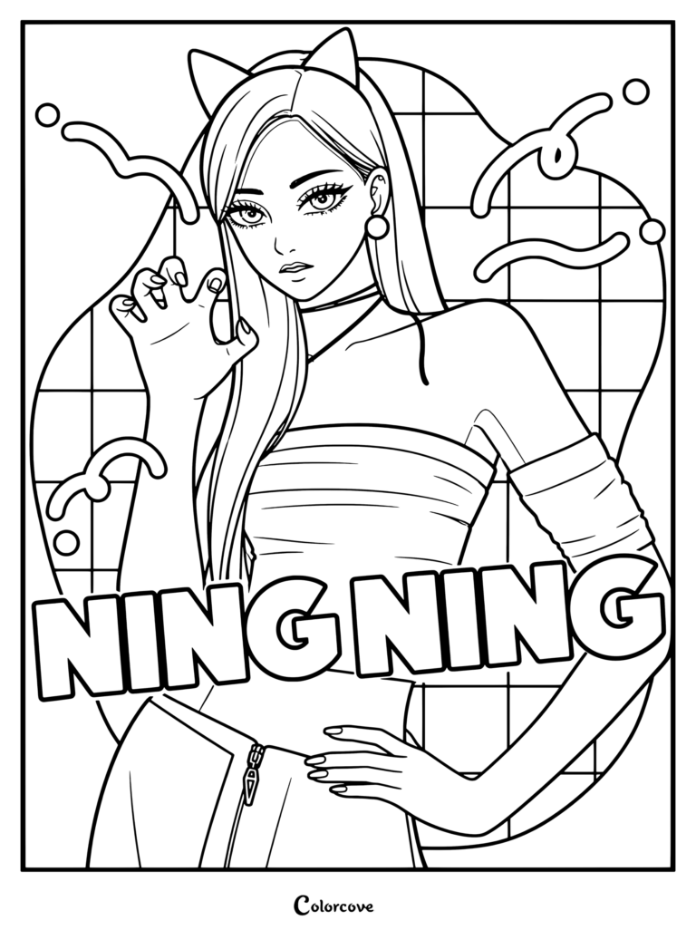 Una página para colorear detallada de Ningning de aespa posando con mucha fuerza.