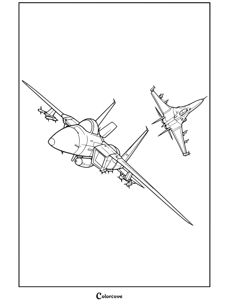 Dibujo para colorear de aviones de combate de Ace Combat en combate aéreo en el cielo, mostrando dos modelos militares de Aviones en pleno duelo aéreo.