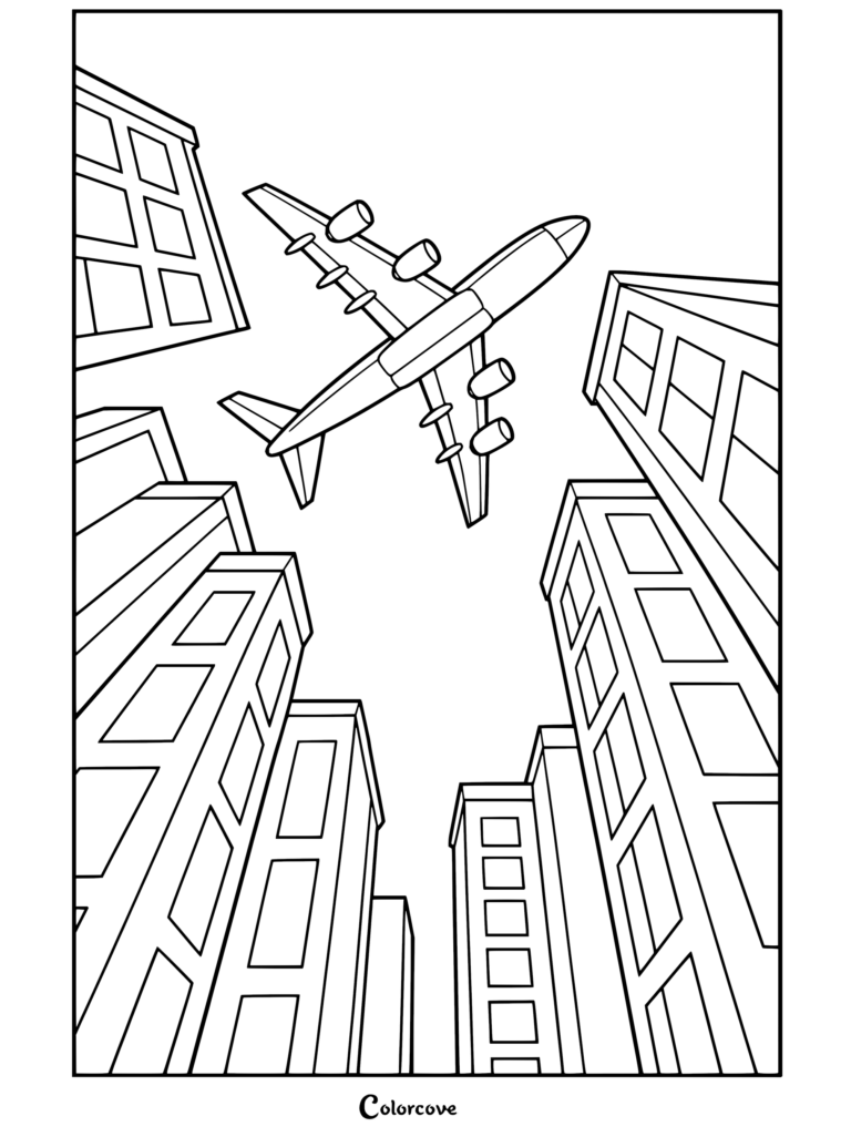 Dibujo para colorear e imprimir en ángulo contrapicado de grandes Aviones comerciales ascendiendo por una calle estrecha rodeada de imponentes rascacielos.