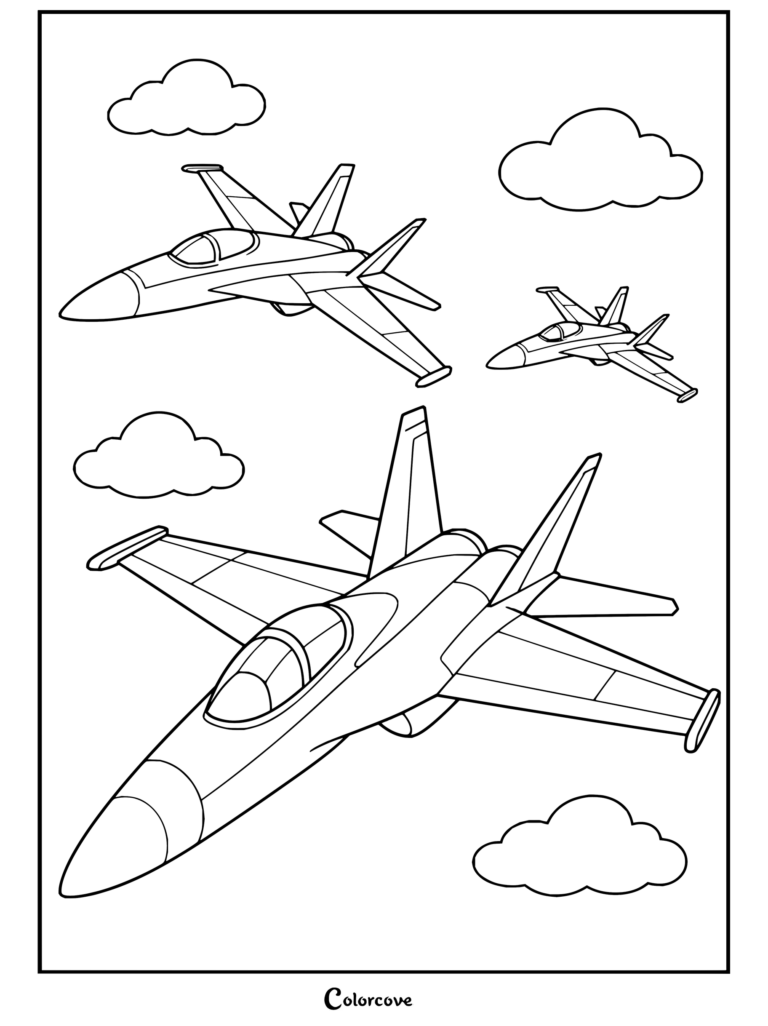 Dibujo para colorear de tres aviones de combate volando a través de las nubes en el cielo, ideal para fanáticos de los Aviones.