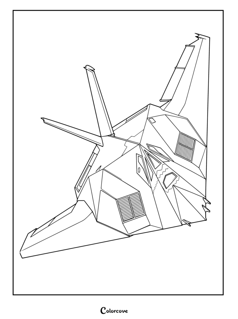 Detallado dibujo para colorear que presenta un caza furtivo F-117 Nighthawk volando sobre montañas, perfecto para niños y entusiastas de los Aviones.