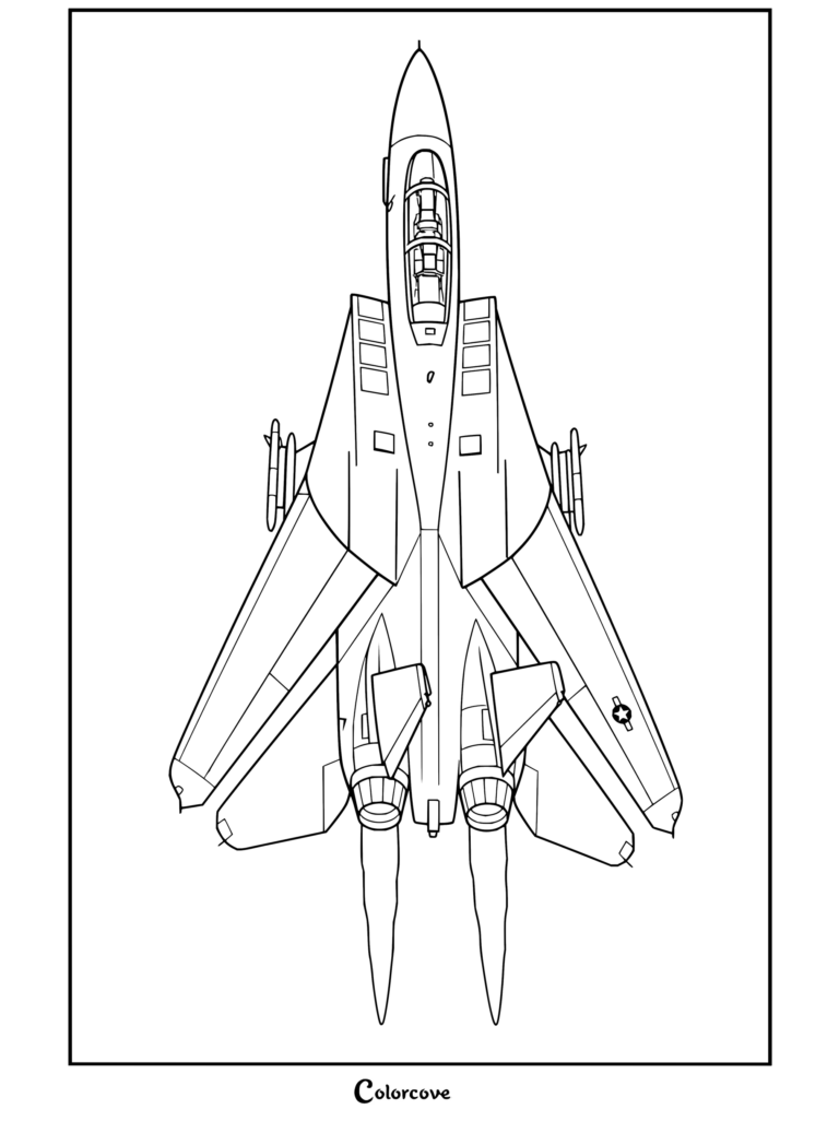 Detallado dibujo para colorear de un avión de combate F-14 Tomcat en vuelo con el postquemador activo, mostrando una vista superior de alas y motores para aficionados a los Aviones.