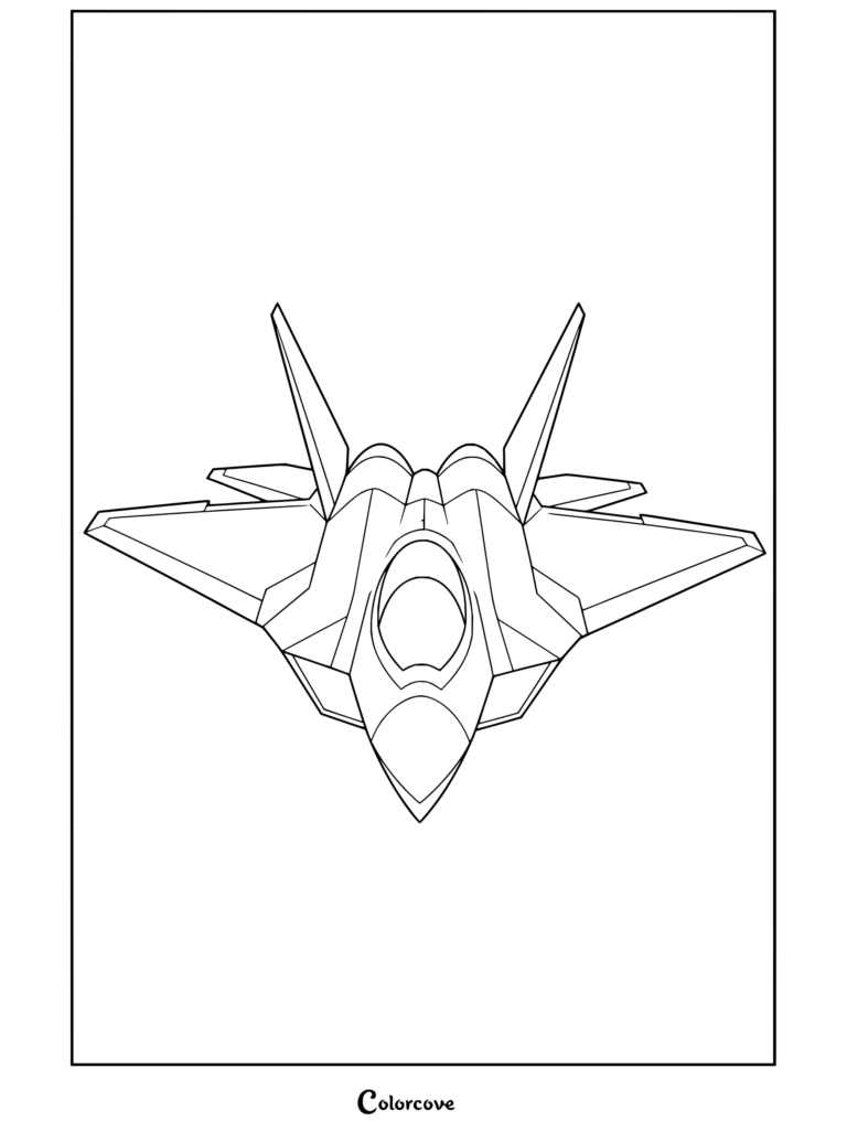 Dibujo para colorear de un avión de combate furtivo F-22 Raptor volando en un cielo nublado, ideal para los amantes de los Aviones.