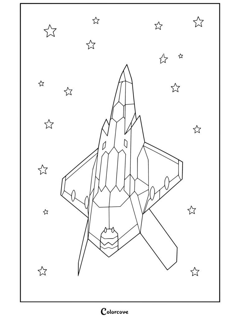 Dibujo para colorear de un avión de combate furtivo F-22 Raptor volando en el firmamento rodeado de estrellas, ideal para entusiastas de los Aviones.