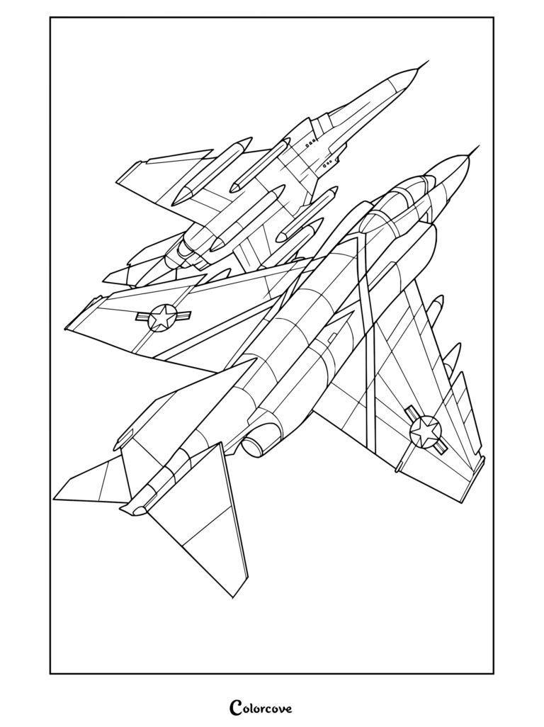 Detallado dibujo para colorear para niños y adultos con aviones de combate F-4 Phantom II, destacando estos increíbles Aviones sobre una isla tropical.