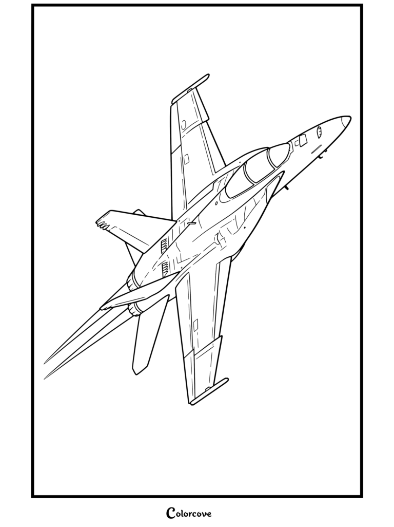 Dibujo para colorear e imprimir para niños y adultos de un avión de combate de la serie Aviones en pleno vuelo con el postquemador encendido.