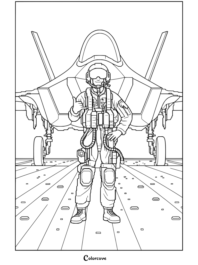 Dibujo para colorear de un piloto de caza frente a un reactor en un portaaviones, mostrando estos impresionantes Aviones y personal militar.