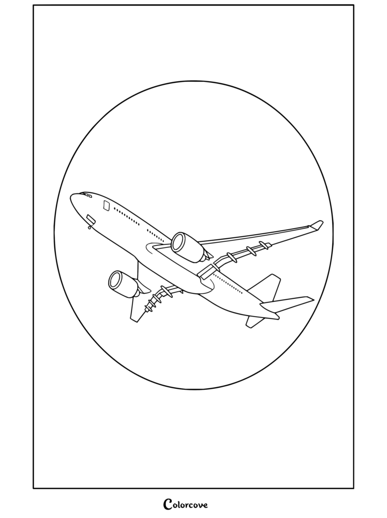 Dibujo de Aviones para colorear que muestra a estos Aviones surcando los cielos frente a un gran sol naranja y nubes.