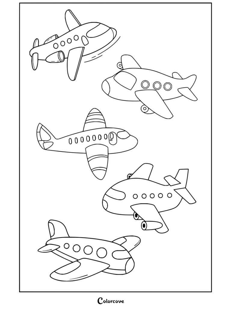 Dibujo para colorear de cinco alegres Aviones de dibujos animados volando juntos y surcando el cielo.