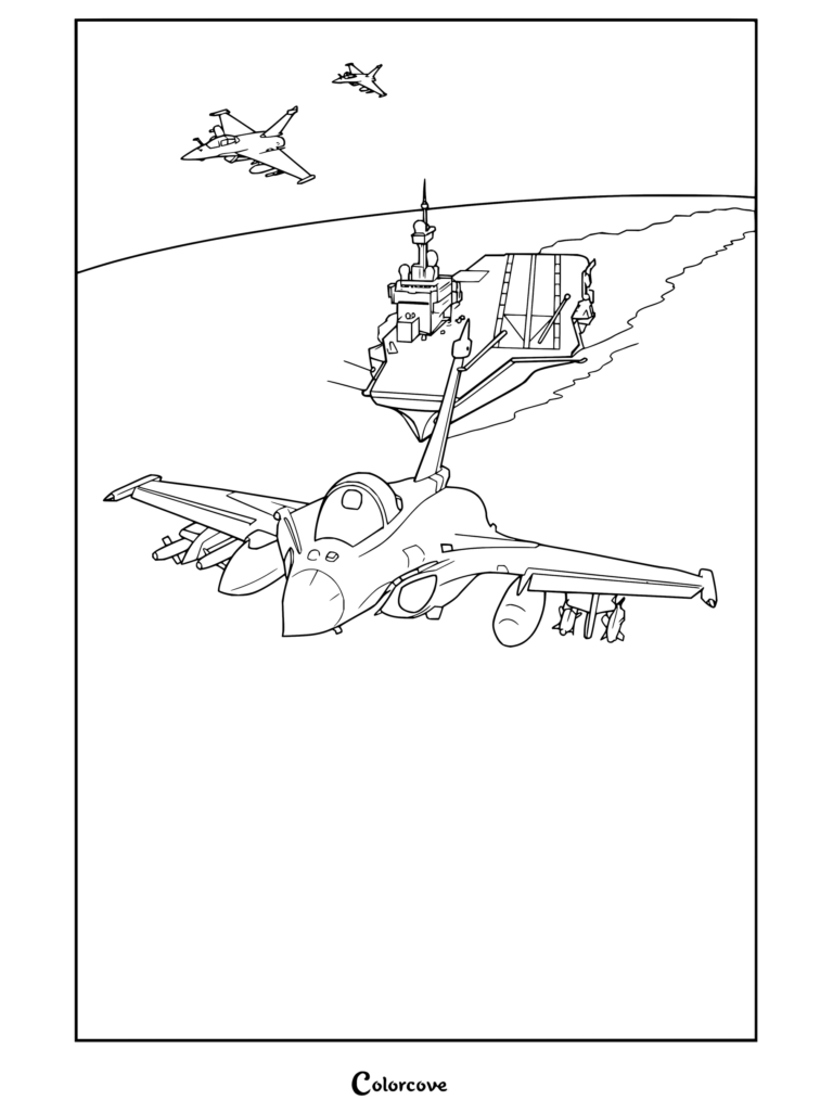 Dibujo para colorear e imprimir que presenta la aviación naval francesa con Aviones Dassault Rafale volando cerca de un portaaviones y otros Aviones en el cielo.