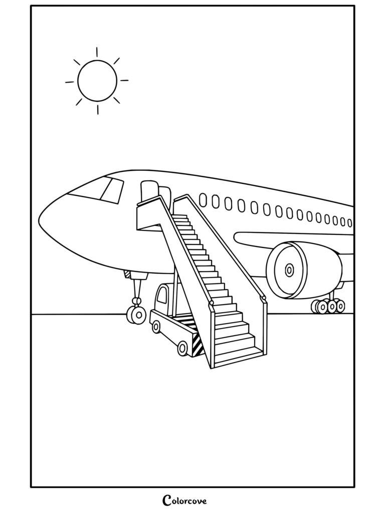 Dibujo para colorear e imprimir de los Aviones de Korean Air estacionados en la puerta de embarque con escaleras y un sol brillante.