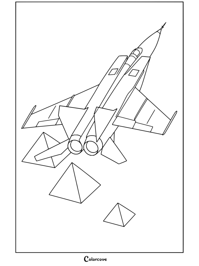 Dibujo para colorear e imprimir de los Aviones MiG-25 Foxbat sobrevolando las pirámides de Egipto.