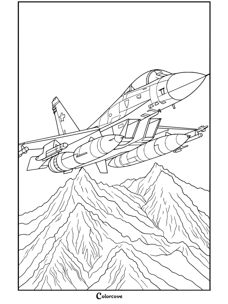 Dibujo para colorear de un avión de combate MiG-29 sobrevolando montañas, que representa a estos majestuosos Aviones surcando el cielo.