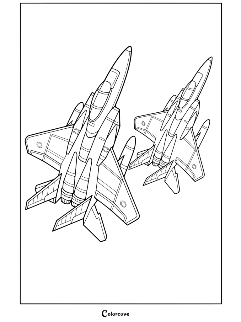 Dibujo para colorear estilo caricatura de dos aviones de combate de la categoría de Aviones volando sobre las nubes.
