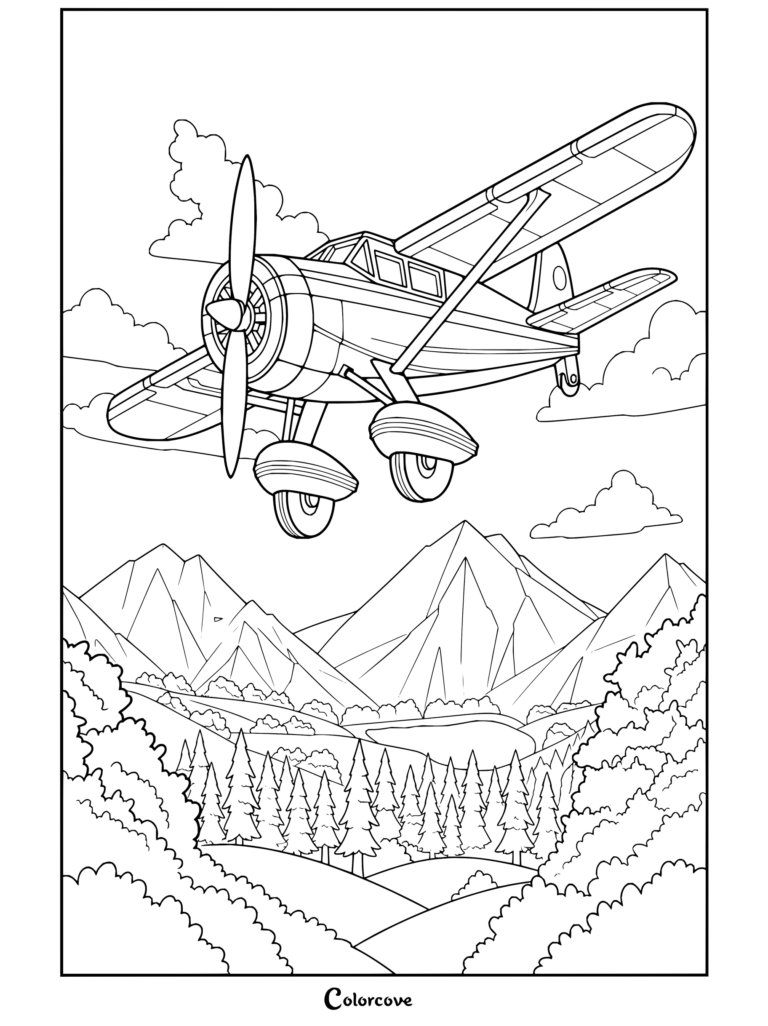 Dibujo para colorear e imprimir que presenta elegantes Aviones clásicos de hélice sobrevolando un paisaje de montañas y bosques.