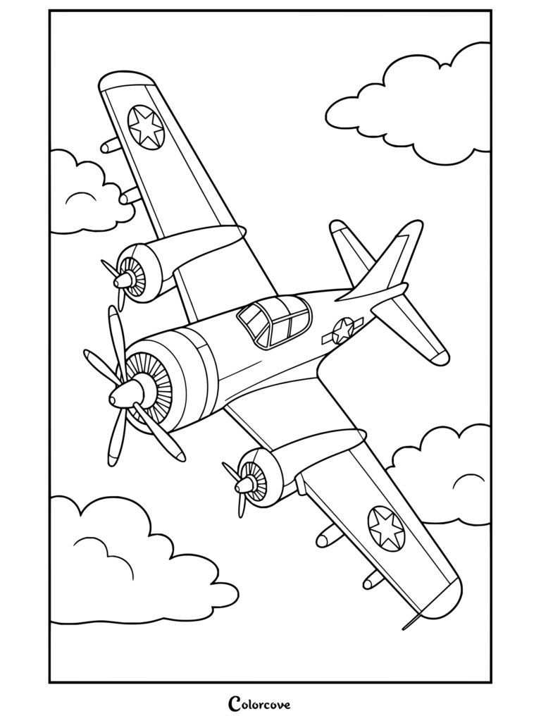 Dibujo para colorear e imprimir gratis de tradicionales Aviones de hélice volando a través de las nubes.