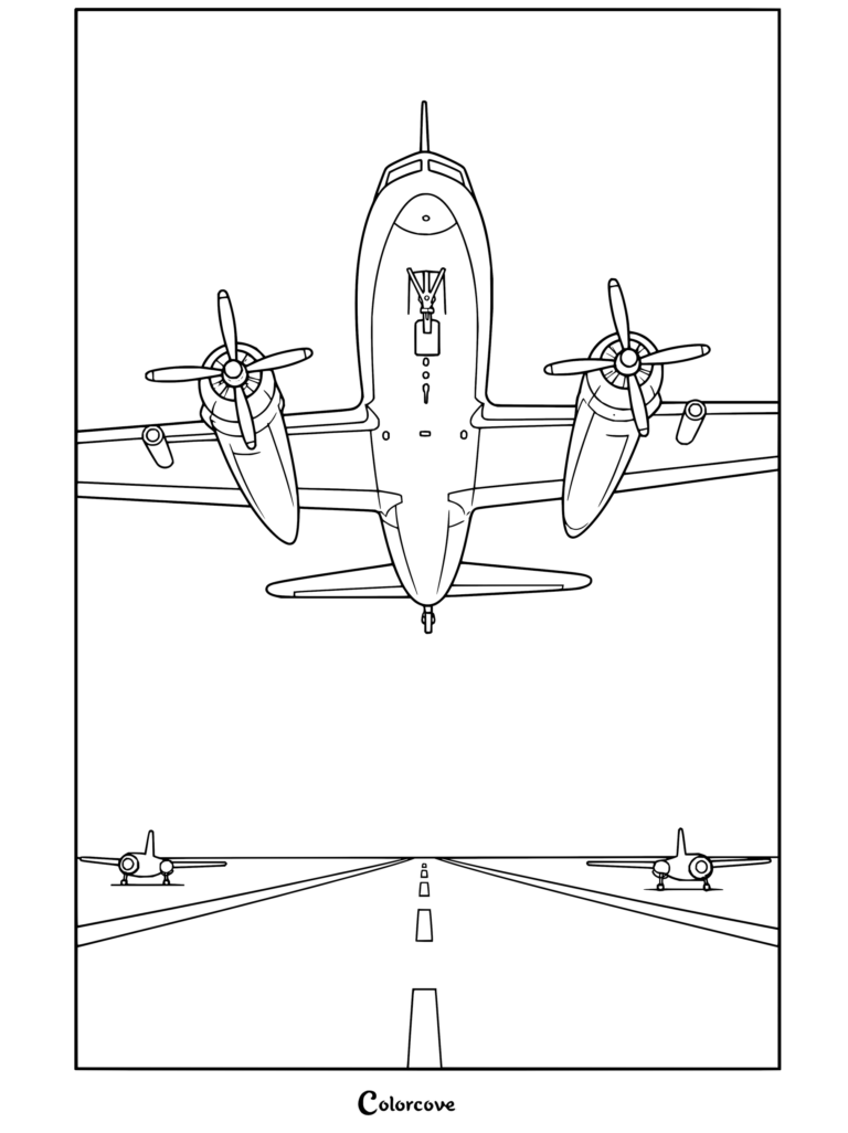 Dibujo para colorear de antiguos Aviones de hélice aterrizando en la pista durante el atardecer.