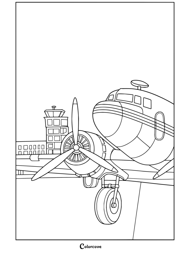 Dibujo para colorear de clásicos Aviones de hélice estacionados en la pista junto a la torre de control, con motor y tren de aterrizaje detallados.