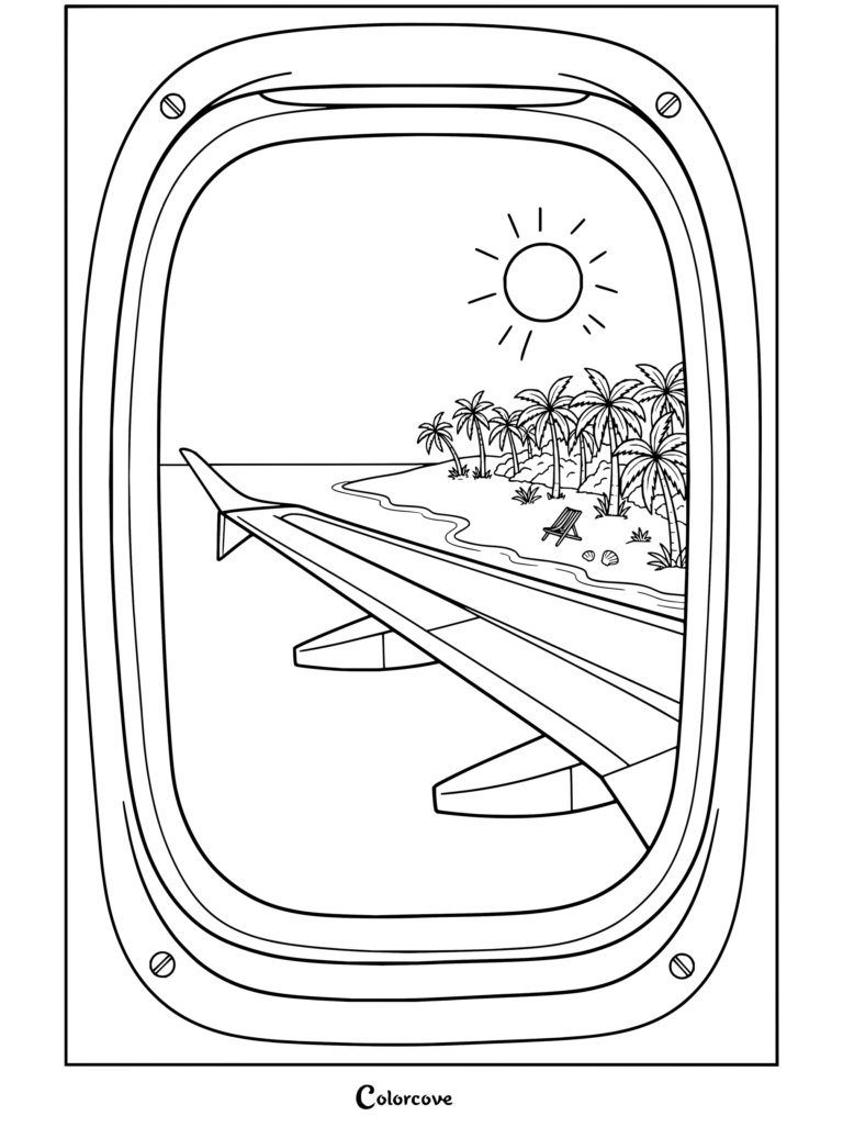 Dibujo para colorear e imprimir que muestra la vista desde la ventanilla y el ala de estos Aviones hacia la playa de una isla tropical.