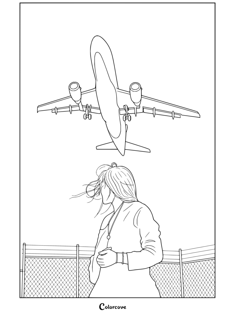 Dibujo para colorear e imprimir de una mujer contemplando el vuelo de unos Aviones de ala delta cerca de una valla.