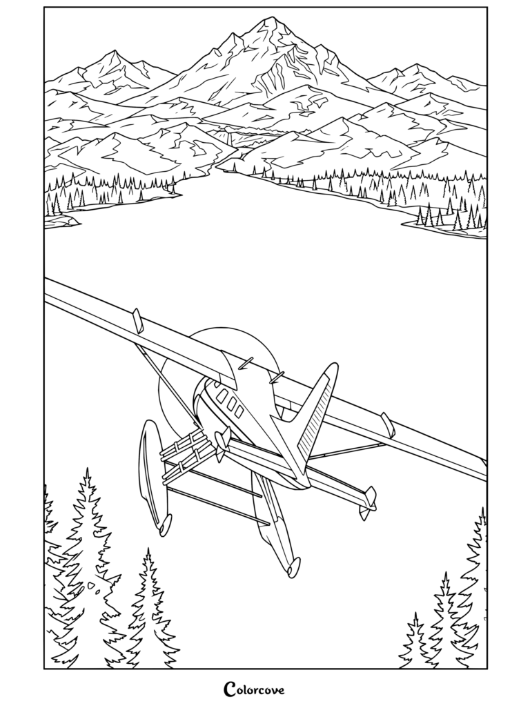 Dibujo de Aviones para colorear con un hidroavión amarillo volando sobre un pintoresco lago con montañas de fondo.