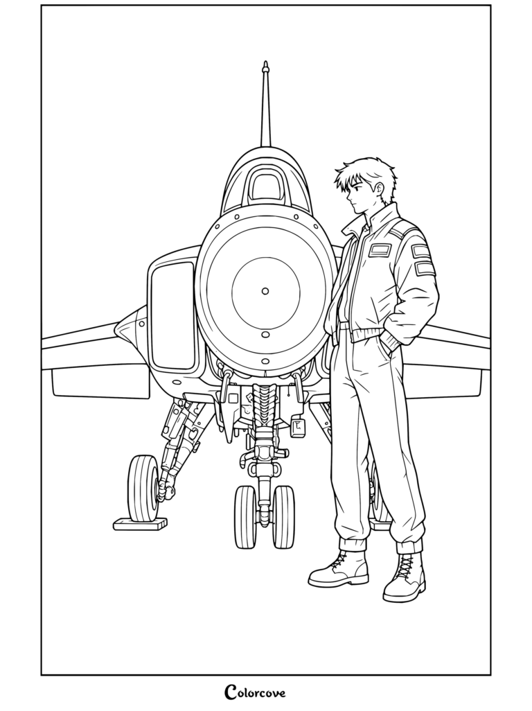 Dibujo para colorear que presenta a un piloto de caza estilo anime de pie frente a unos modernos Aviones a reacción.