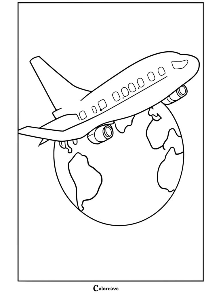 Dibujo animado de Aviones para colorear volando alrededor del globo terráqueo rodeado de nubes.