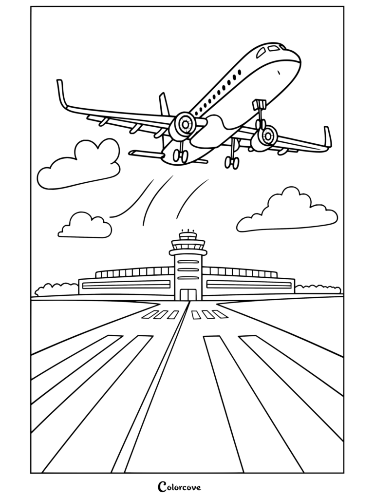 Dibujo animado de Aviones para colorear despegando de la pista del aeropuerto, con un reactor comercial ascendiendo sobre la torre de control y las nubes.