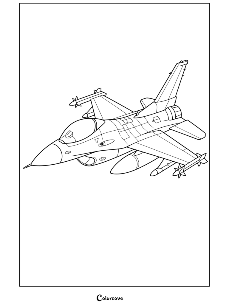 Dibujo para colorear de un avión de combate animado de la serie Aviones en un cielo nublado, mostrando alas detalladas y misiles.