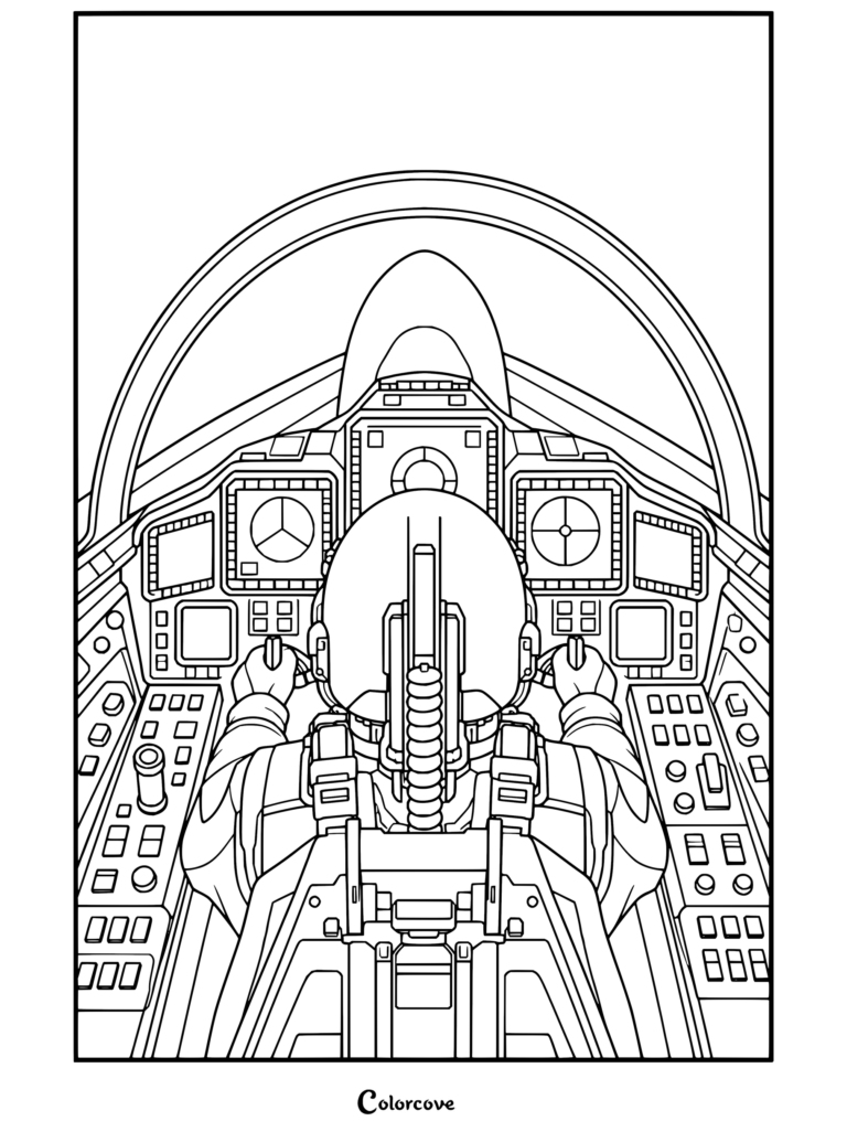 Dibujo para colorear de un piloto de caza sentado en la cabina de mando de estos Aviones observando los paneles de instrumentos.