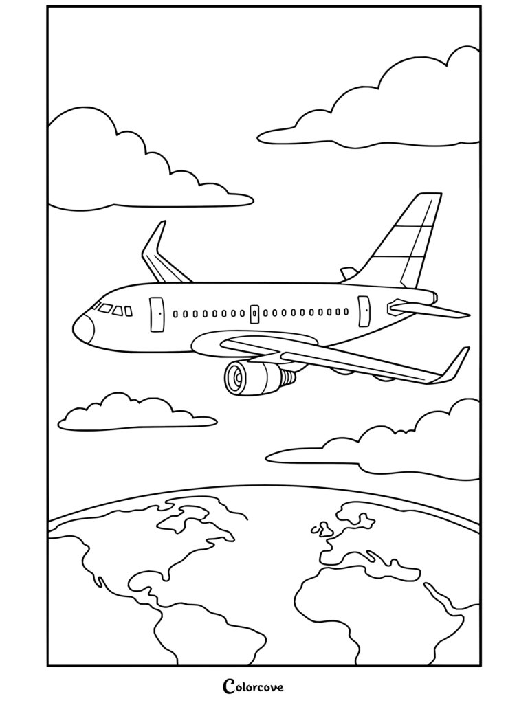 Dibujo de Aviones para colorear con una aeronave sobrevolando el planeta Tierra entre nubes.