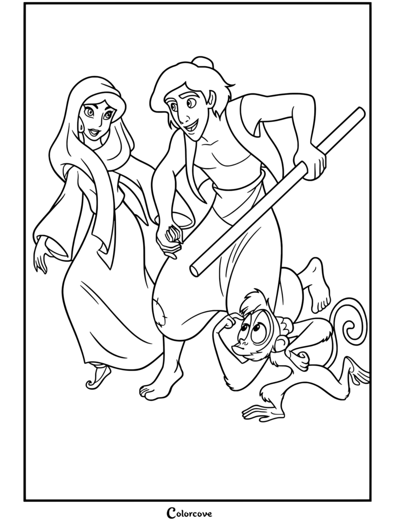 Dibujo para colorear de Aladdín y la Princesa Jasmín corriendo junto al mono Abú sosteniendo un palo de madera