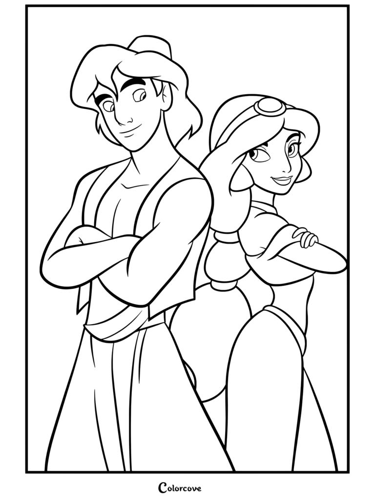 Dibujo para colorear de Aladdín y la Princesa Jasmín de espaldas con los brazos cruzados y sonriendo