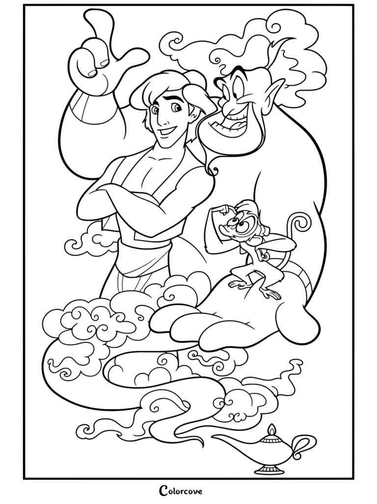 Dibujo para colorear imprimible de Aladdín con Aladdín, el Genio y Abú saliendo de la lámpara mágica rodeados de nubes.
