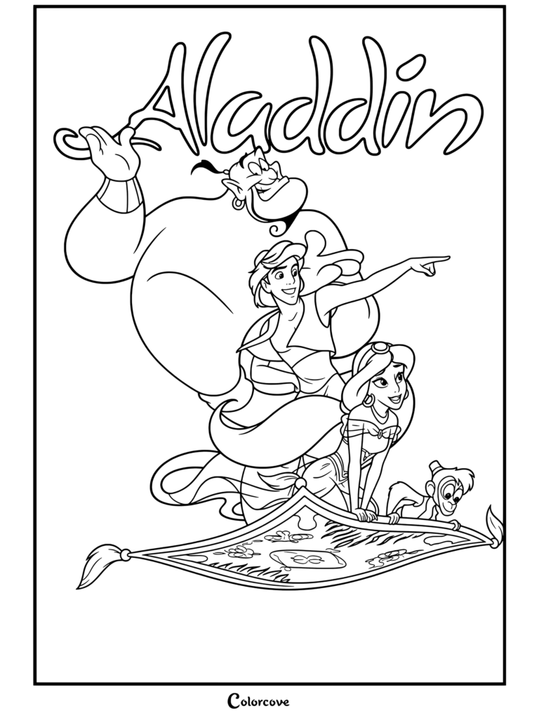 Dibujo para colorear imprimible de el Genio, Aladdín, la Princesa Jasmín y Abú disfrutando de un paseo en la Alfombra Mágica.